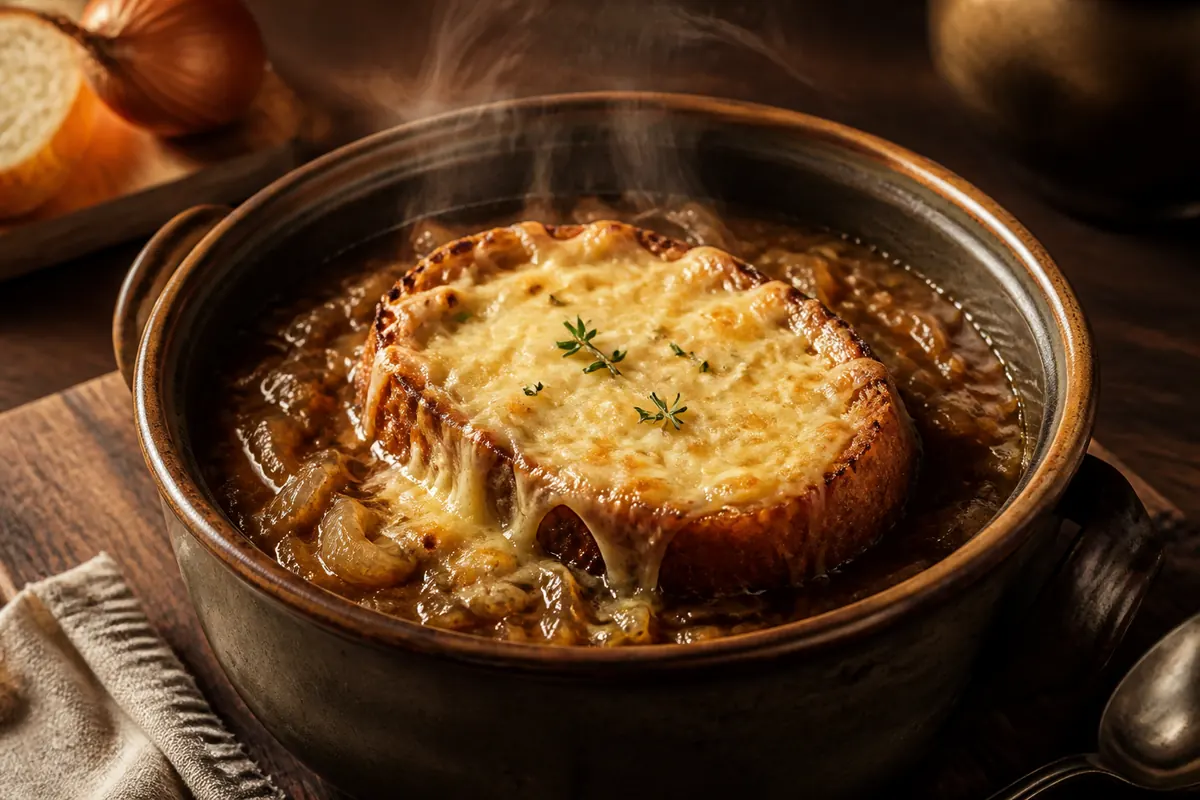 Soupe à l'oignon (restes poulet + pain dur)